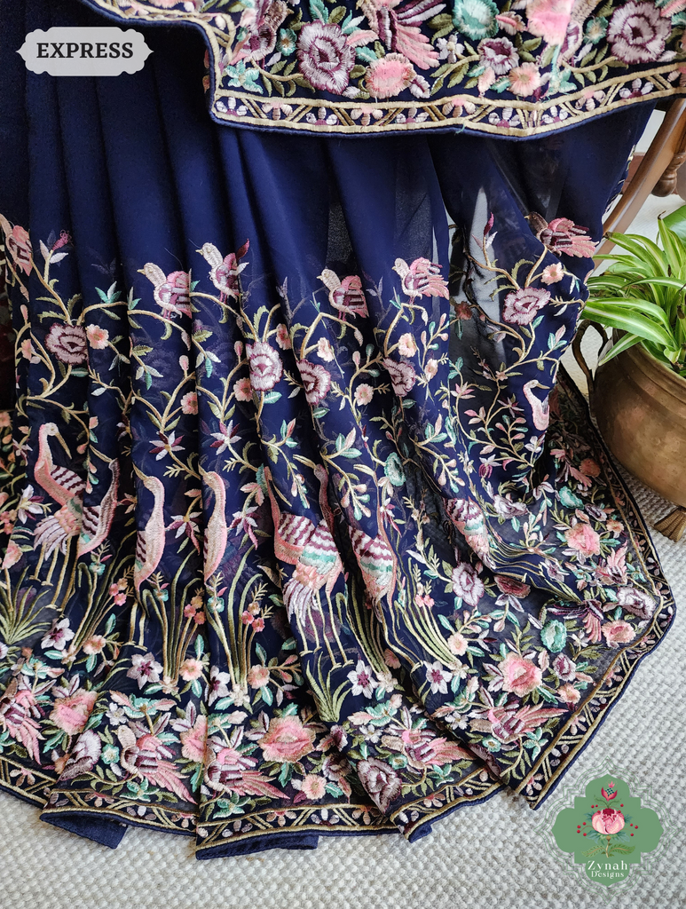 Zynah Blue Pure Georgette Saree with Parsi Gara Inspired Embroidery; Custom Stitched/Ready-made Blouse, Fall, Petticoat; SKU: 0604202401