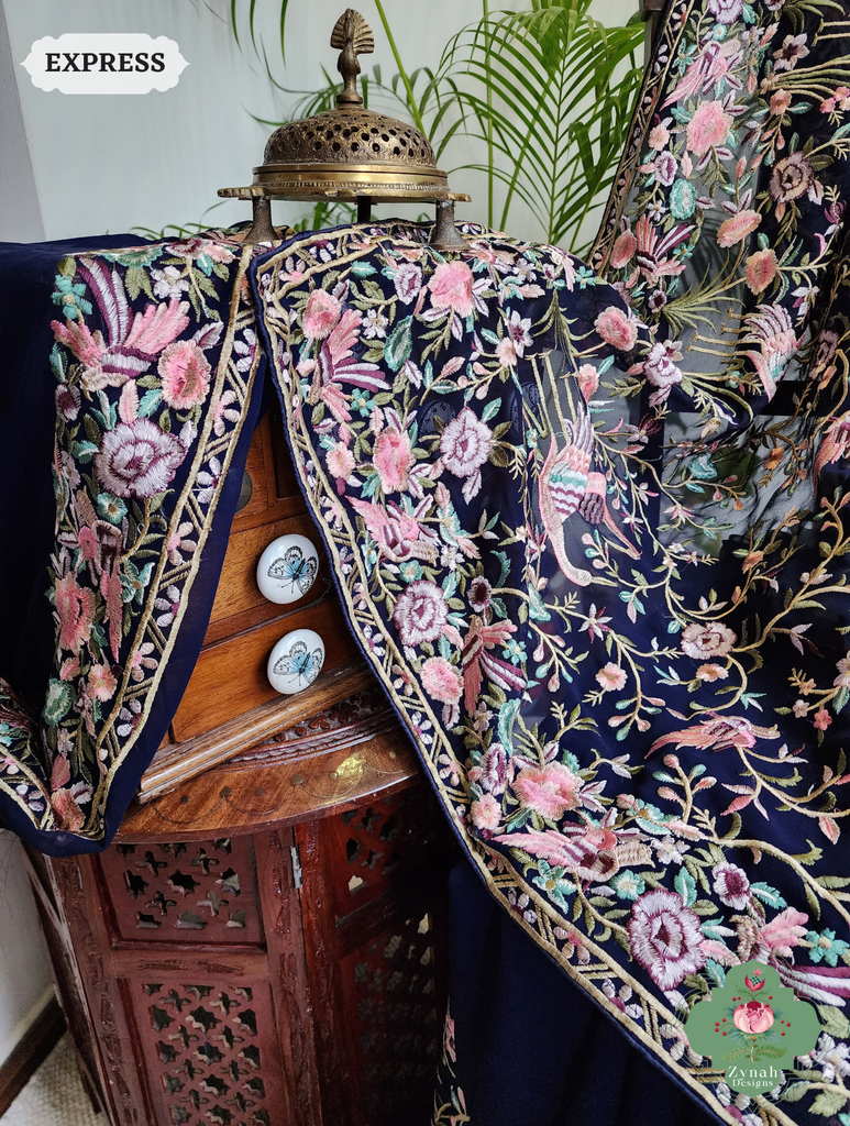 Zynah Blue Pure Georgette Saree with Parsi Gara Inspired Embroidery; Custom Stitched/Ready-made Blouse, Fall, Petticoat; SKU: 0604202401