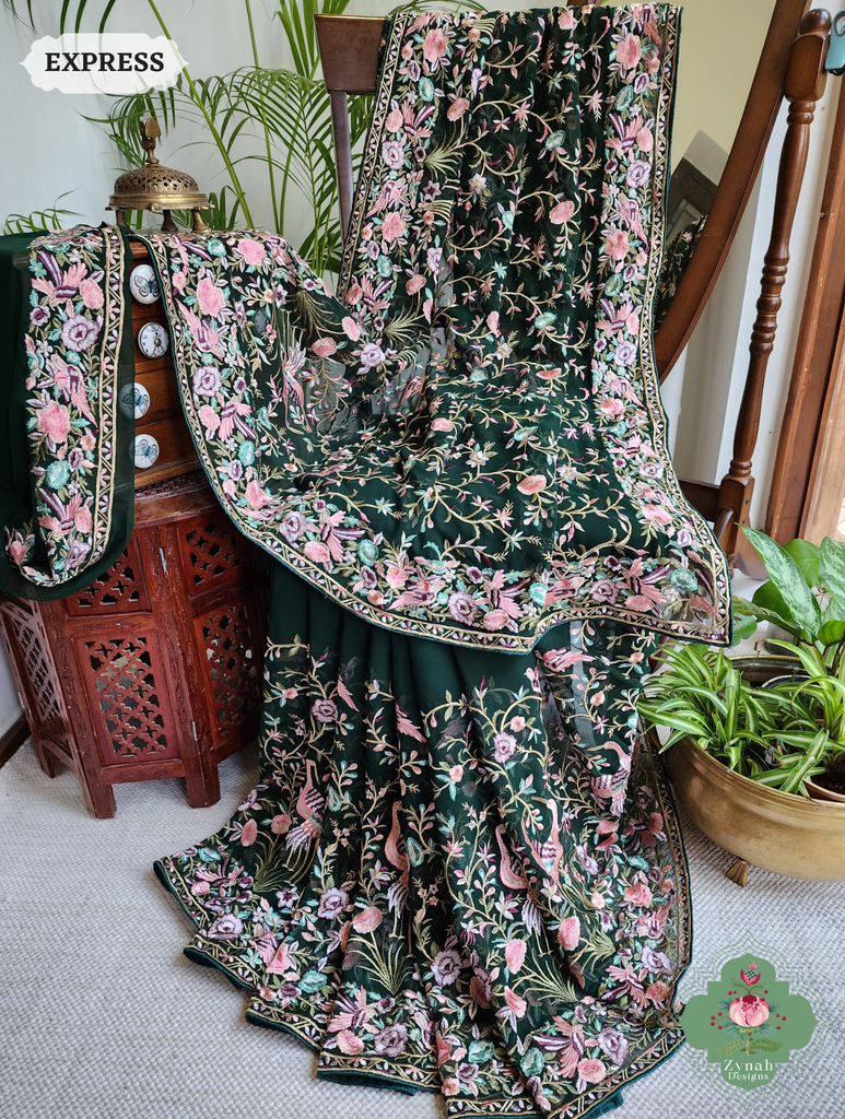 Zynah Green Pure Georgette Parsi Gara Inspired Embroidery Saree; Custom Stitched/Ready-made Blouse, Fall, Petticoat; SKU: 0604202403