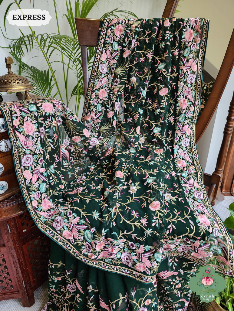 Zynah Green Pure Georgette Parsi Gara Inspired Embroidery Saree; Custom Stitched/Ready-made Blouse, Fall, Petticoat; SKU: 0604202403