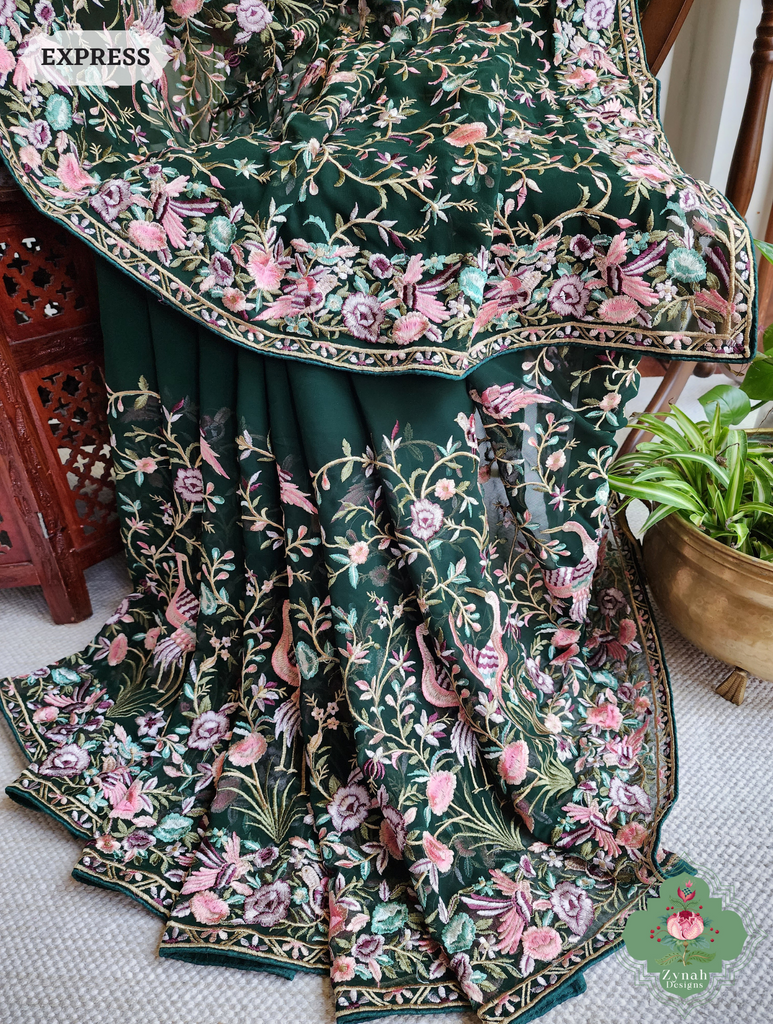 Zynah Green Pure Georgette Parsi Gara Inspired Embroidery Saree; Custom Stitched/Ready-made Blouse, Fall, Petticoat; SKU: 0604202403