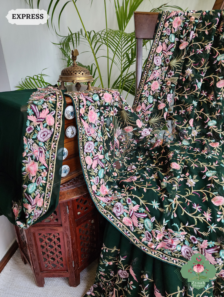 Zynah Green Pure Georgette Parsi Gara Inspired Embroidery Saree; Custom Stitched/Ready-made Blouse, Fall, Petticoat; SKU: 0604202403