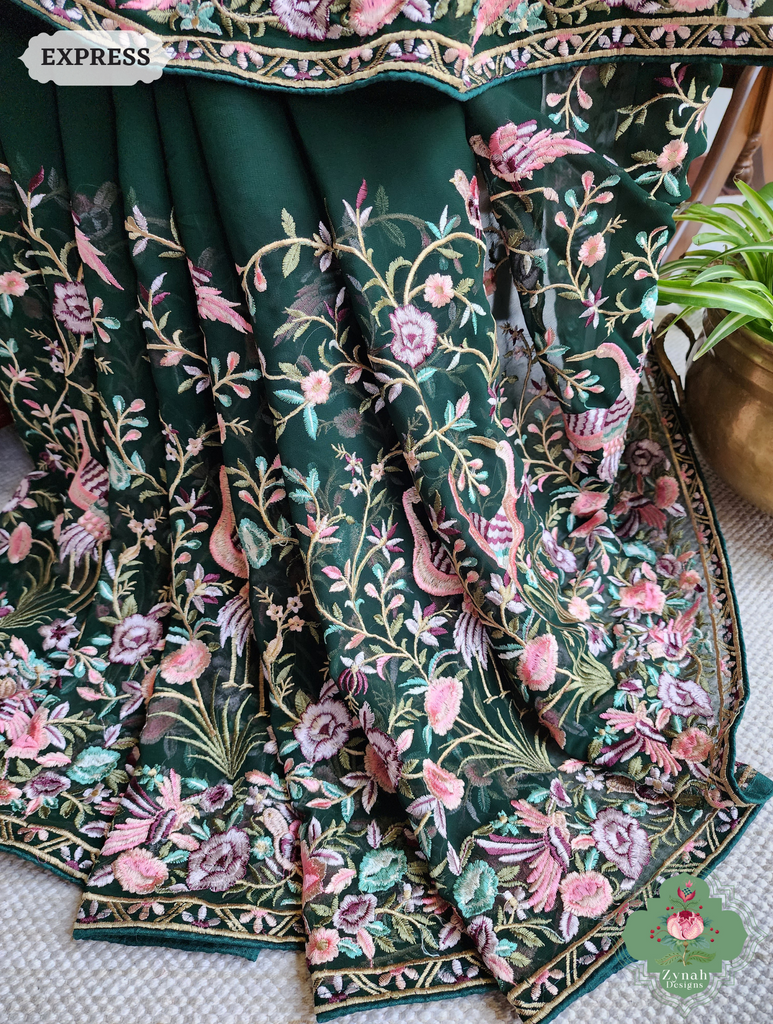 Zynah Green Pure Georgette Parsi Gara Inspired Embroidery Saree; Custom Stitched/Ready-made Blouse, Fall, Petticoat; SKU: 0604202403