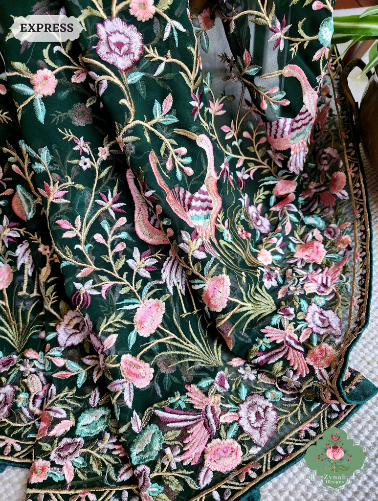 Zynah Green Pure Georgette Parsi Gara Inspired Embroidery Saree; Custom Stitched/Ready-made Blouse, Fall, Petticoat; SKU: 0604202403