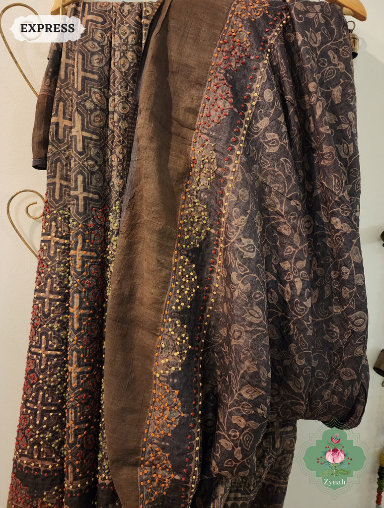 Dark Brown Ajrakh Pure Tussar Silk Saree, 100% Natural Dyed & Embroidery hightlights