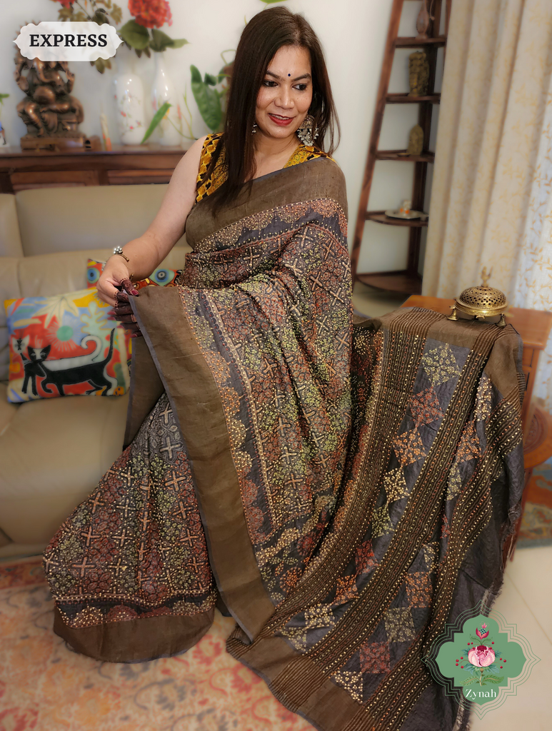 Dark Brown Ajrakh Pure Tussar Silk Saree, 100% Natural Dyed & Embroidery hightlights
