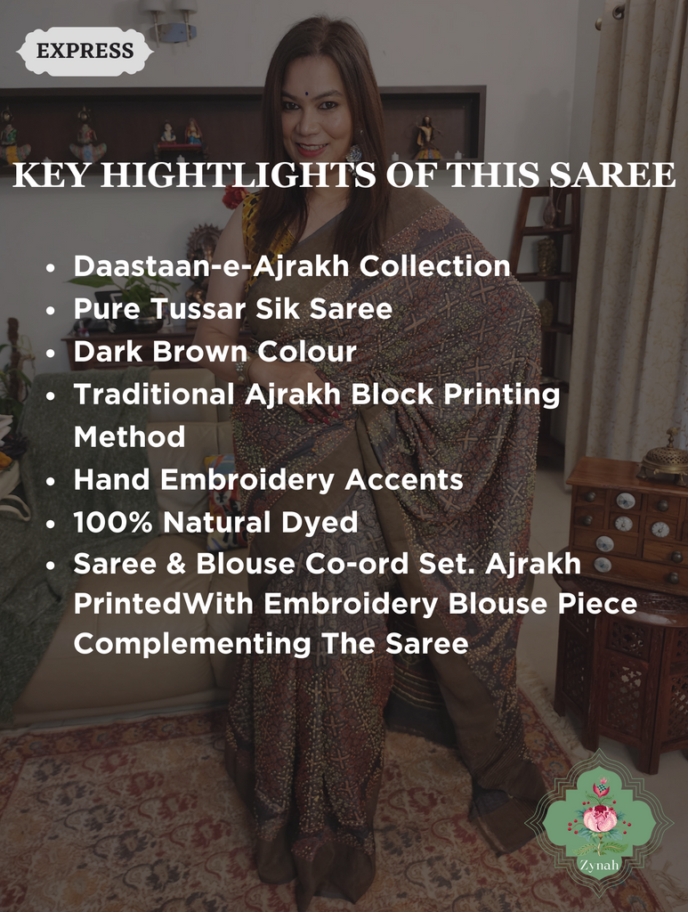 Dark Brown Ajrakh Pure Tussar Silk Saree, 100% Natural Dyed & Embroidery hightlights