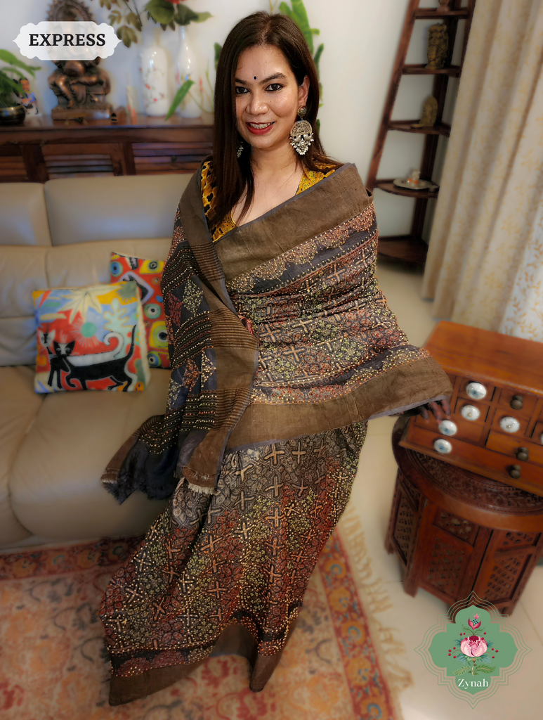 Dark Brown Ajrakh Pure Tussar Silk Saree, 100% Natural Dyed & Embroidery hightlights