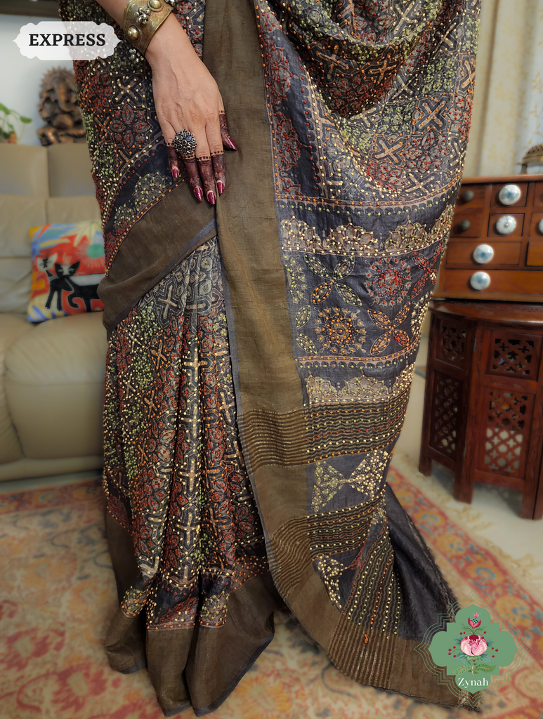 Dark Brown Ajrakh Pure Tussar Silk Saree, 100% Natural Dyed & Embroidery hightlights