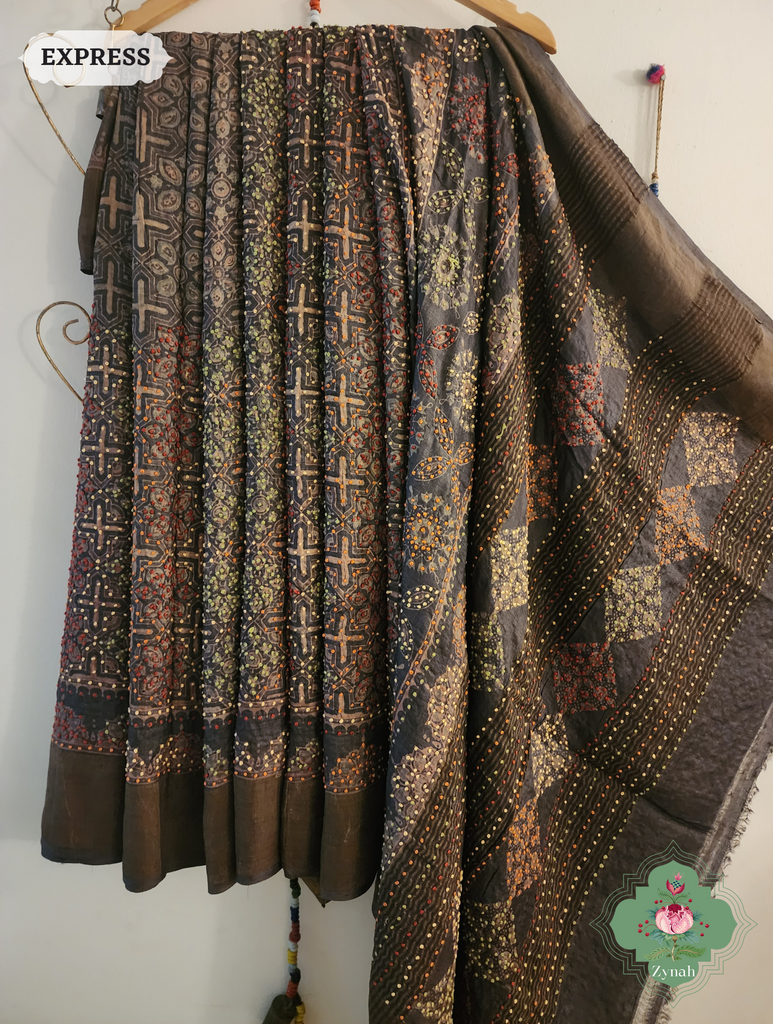 Dark Brown Ajrakh Pure Tussar Silk Saree, 100% Natural Dyed & Embroidery hightlights