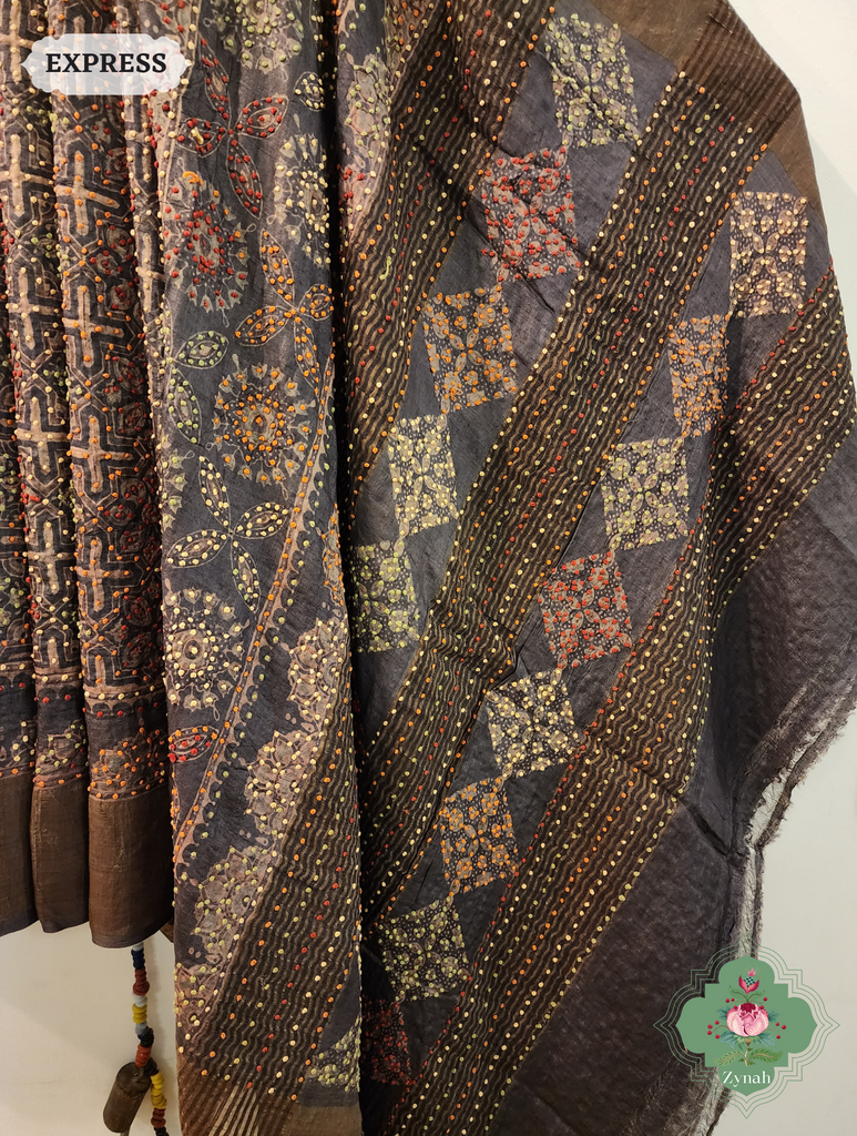 Dark Brown Ajrakh Pure Tussar Silk Saree, 100% Natural Dyed & Embroidery hightlights