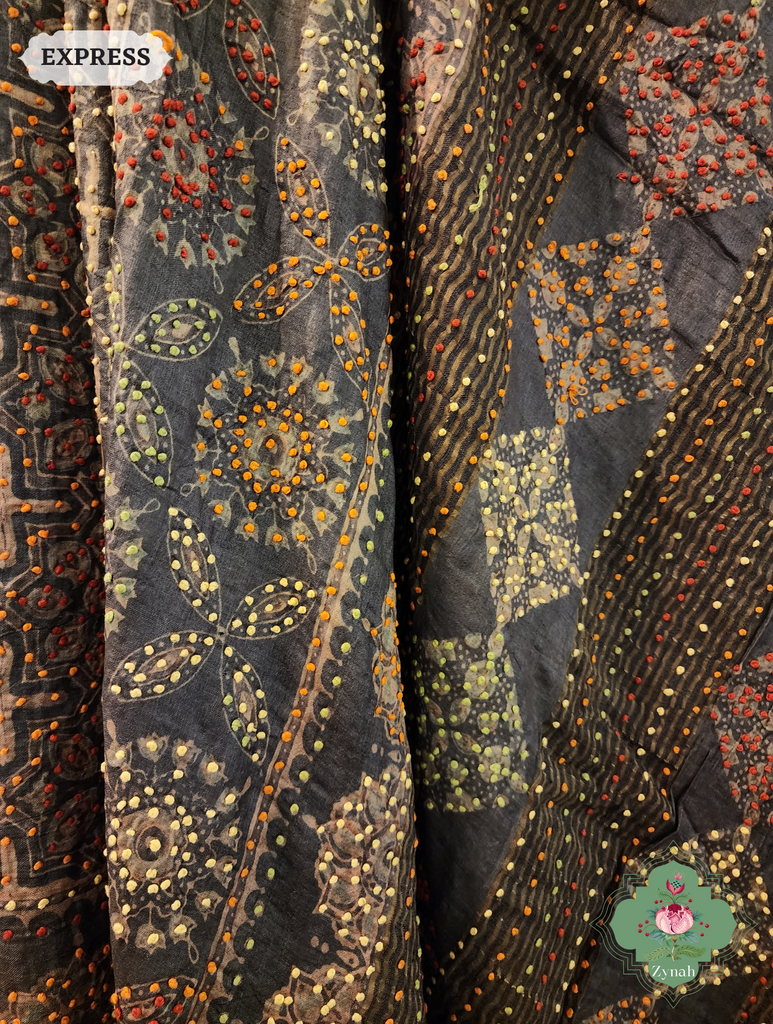 Dark Brown Ajrakh Pure Tussar Silk Saree, 100% Natural Dyed & Embroidery hightlights