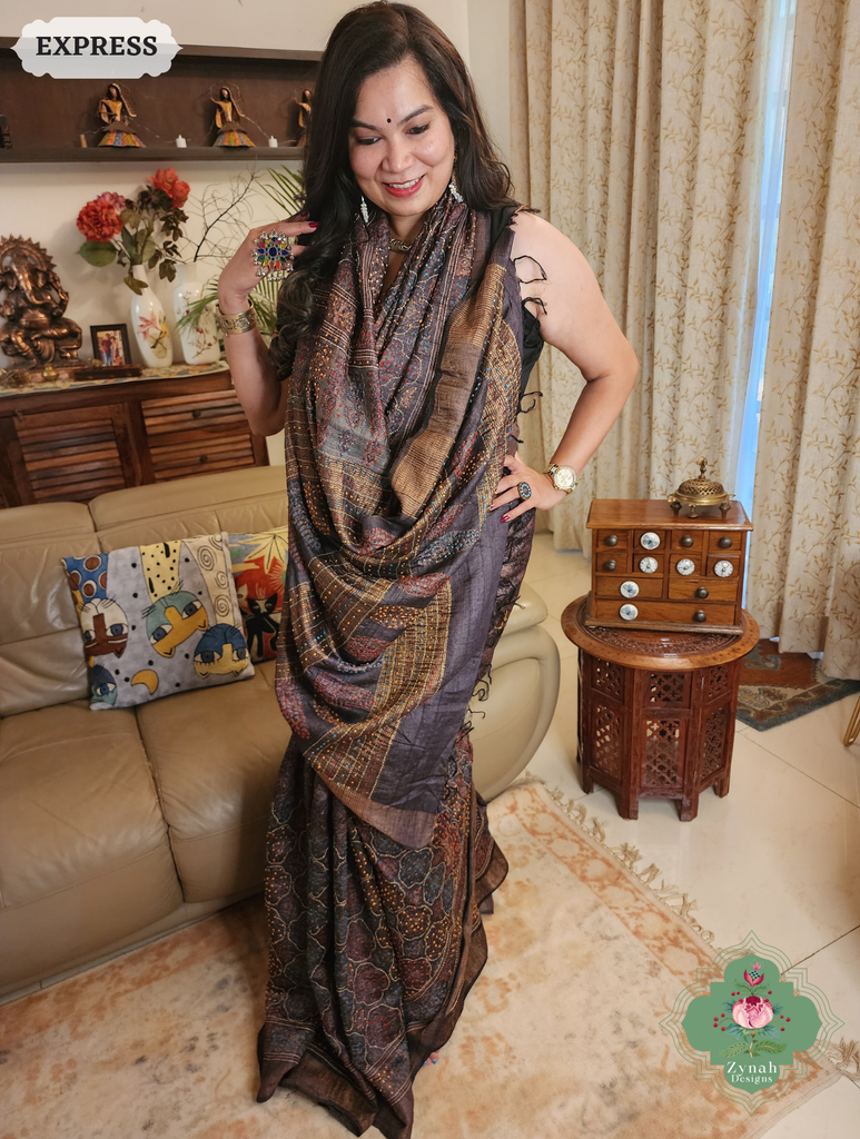 Zynah Dark Chocolate Brown Pure Tussar Silk Hand Block Print Ajrakh Saree With Hand Embroidery; Custom Stitched/Ready-made Blouse, Fall, Petticoat; SKU: 2409202506