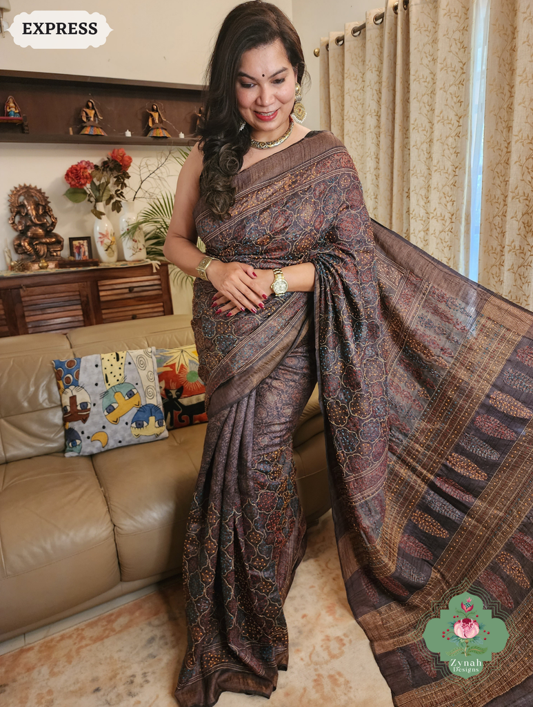 Zynah Dark Chocolate Brown Pure Tussar Silk Hand Block Print Ajrakh Saree With Hand Embroidery; Custom Stitched/Ready-made Blouse, Fall, Petticoat; SKU: 2409202506