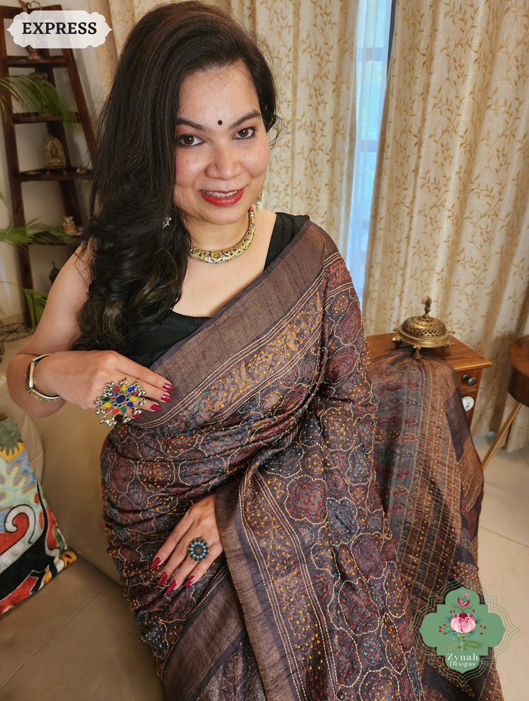 Zynah Dark Chocolate Brown Pure Tussar Silk Hand Block Print Ajrakh Saree With Hand Embroidery; Custom Stitched/Ready-made Blouse, Fall, Petticoat; SKU: 2409202506