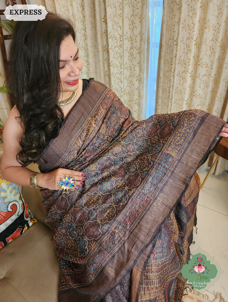 Zynah Dark Chocolate Brown Pure Tussar Silk Hand Block Print Ajrakh Saree With Hand Embroidery; Custom Stitched/Ready-made Blouse, Fall, Petticoat; SKU: 2409202506