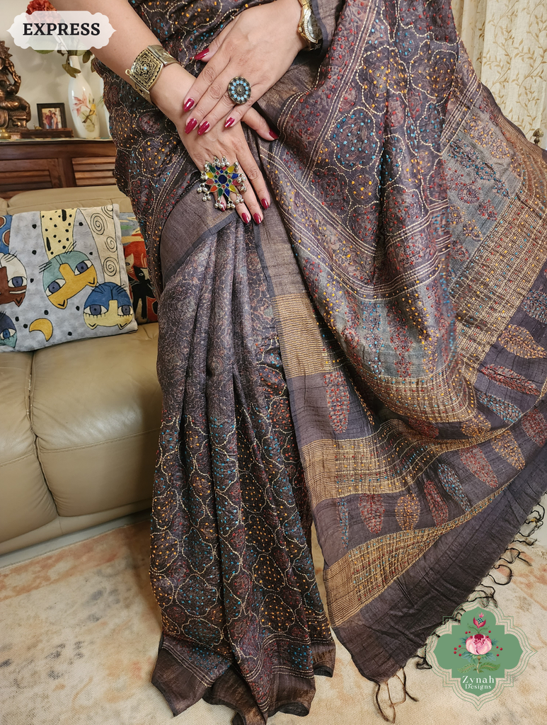 Zynah Dark Chocolate Brown Pure Tussar Silk Hand Block Print Ajrakh Saree With Hand Embroidery; Custom Stitched/Ready-made Blouse, Fall, Petticoat; SKU: 2409202506