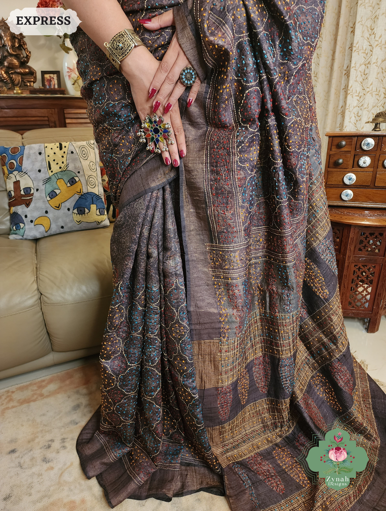 Zynah Dark Chocolate Brown Pure Tussar Silk Hand Block Print Ajrakh Saree With Hand Embroidery; Custom Stitched/Ready-made Blouse, Fall, Petticoat; SKU: 2409202506