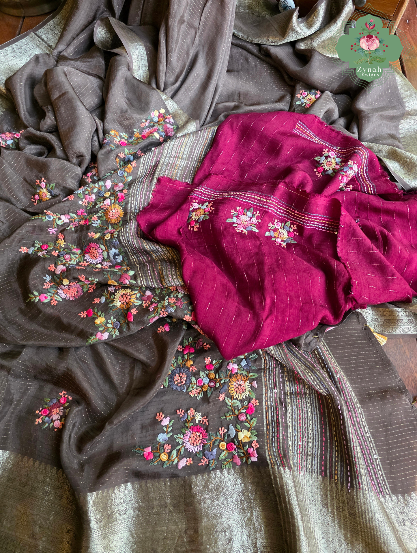 Zynah Mocha Étoile – Dark Mocha Satin Silk Saree with French Knot Hand Embroidery & Fine Gold Zari Lines
