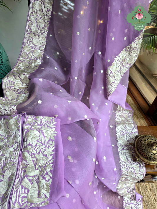 Delara | Lilac Pure Organza Silk Parsi Gara Saree With Hand Embroidery
