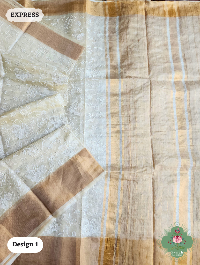 Zynah Off-White Pure Tussar Kota Silk Saree with Chikankari Inspired Embroidery, Ghiccha Pallu & Tassels; Custom Stitched/Ready-made Blouse, Fall, Petticoat; SKU2908202401