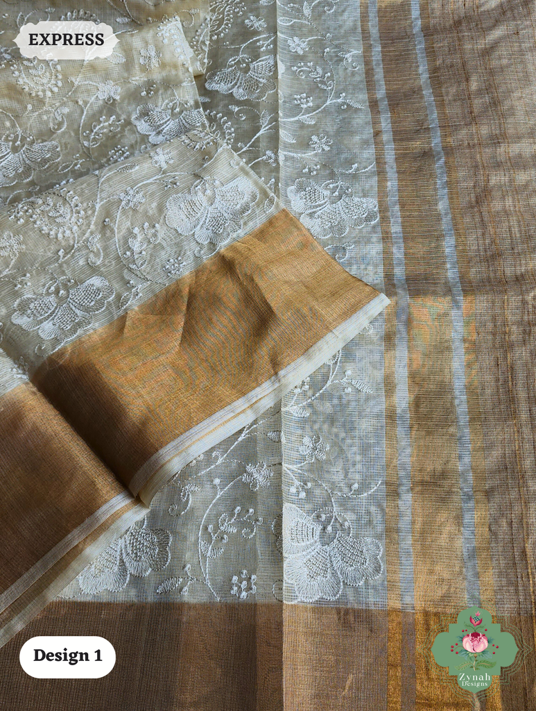 Zynah Off-White Pure Tussar Kota Silk Saree with Chikankari Inspired Embroidery, Ghiccha Pallu & Tassels; Custom Stitched/Ready-made Blouse, Fall, Petticoat; SKU2908202401