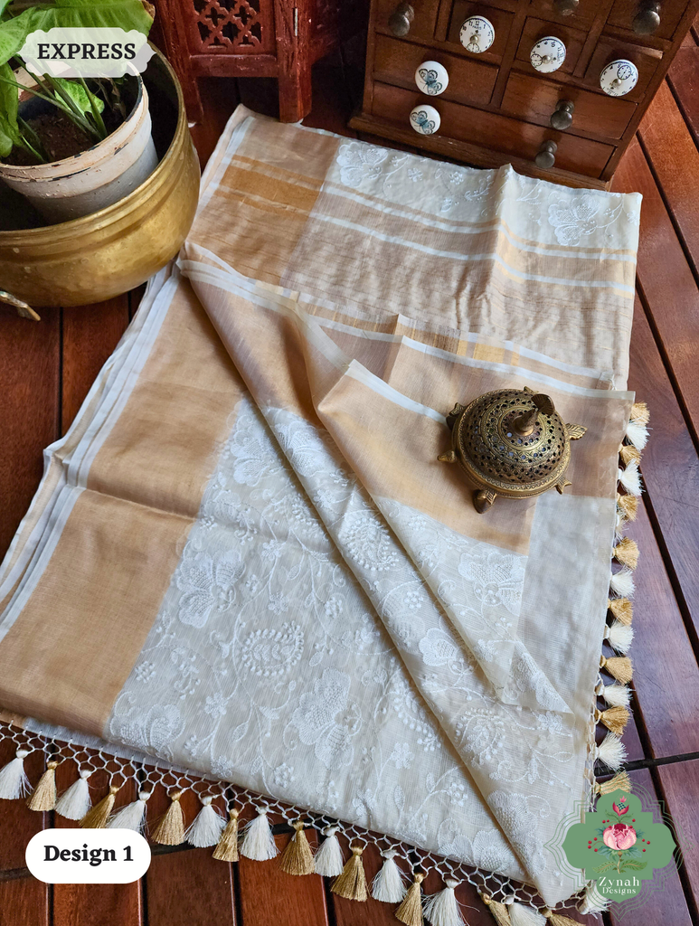 Zynah Off-White Pure Tussar Kota Silk Saree with Chikankari Inspired Embroidery, Ghiccha Pallu & Tassels; Custom Stitched/Ready-made Blouse, Fall, Petticoat; SKU2908202401