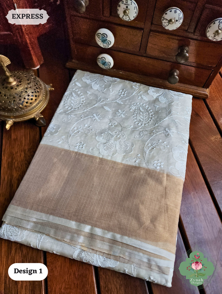 Zynah Off-White Pure Tussar Kota Silk Saree with Chikankari Inspired Embroidery, Ghiccha Pallu & Tassels; Custom Stitched/Ready-made Blouse, Fall, Petticoat; SKU2908202401