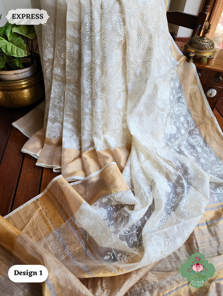 Zynah Off-White Pure Tussar Kota Silk Saree with Chikankari Inspired Embroidery, Ghiccha Pallu & Tassels; Custom Stitched/Ready-made Blouse, Fall, Petticoat; SKU2908202401