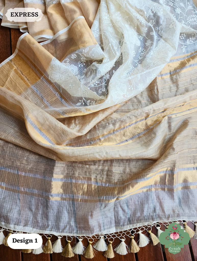 Zynah Off-White Pure Tussar Kota Silk Saree with Chikankari Inspired Embroidery, Ghiccha Pallu & Tassels; Custom Stitched/Ready-made Blouse, Fall, Petticoat; SKU2908202401