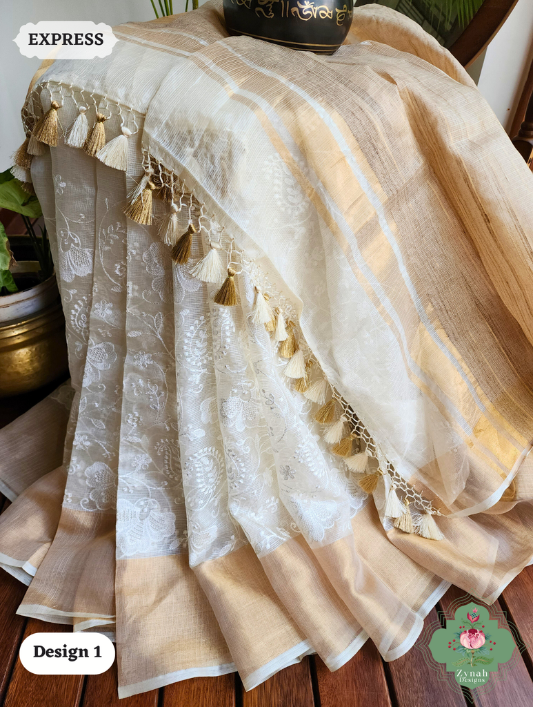 Zynah Off-White Pure Tussar Kota Silk Saree with Chikankari Inspired Embroidery, Ghiccha Pallu & Tassels; Custom Stitched/Ready-made Blouse, Fall, Petticoat; SKU2908202401