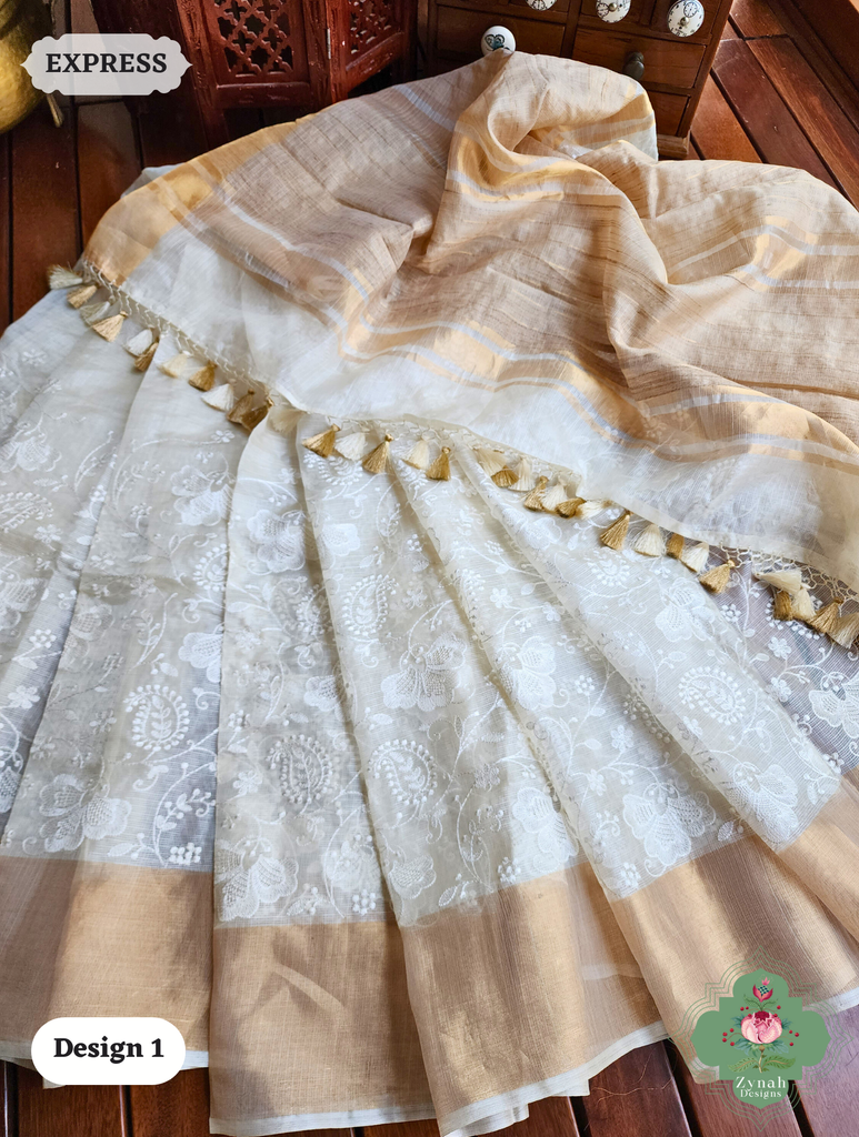 Zynah Off-White Pure Tussar Kota Silk Saree with Chikankari Inspired Embroidery, Ghiccha Pallu & Tassels; Custom Stitched/Ready-made Blouse, Fall, Petticoat; SKU2908202401