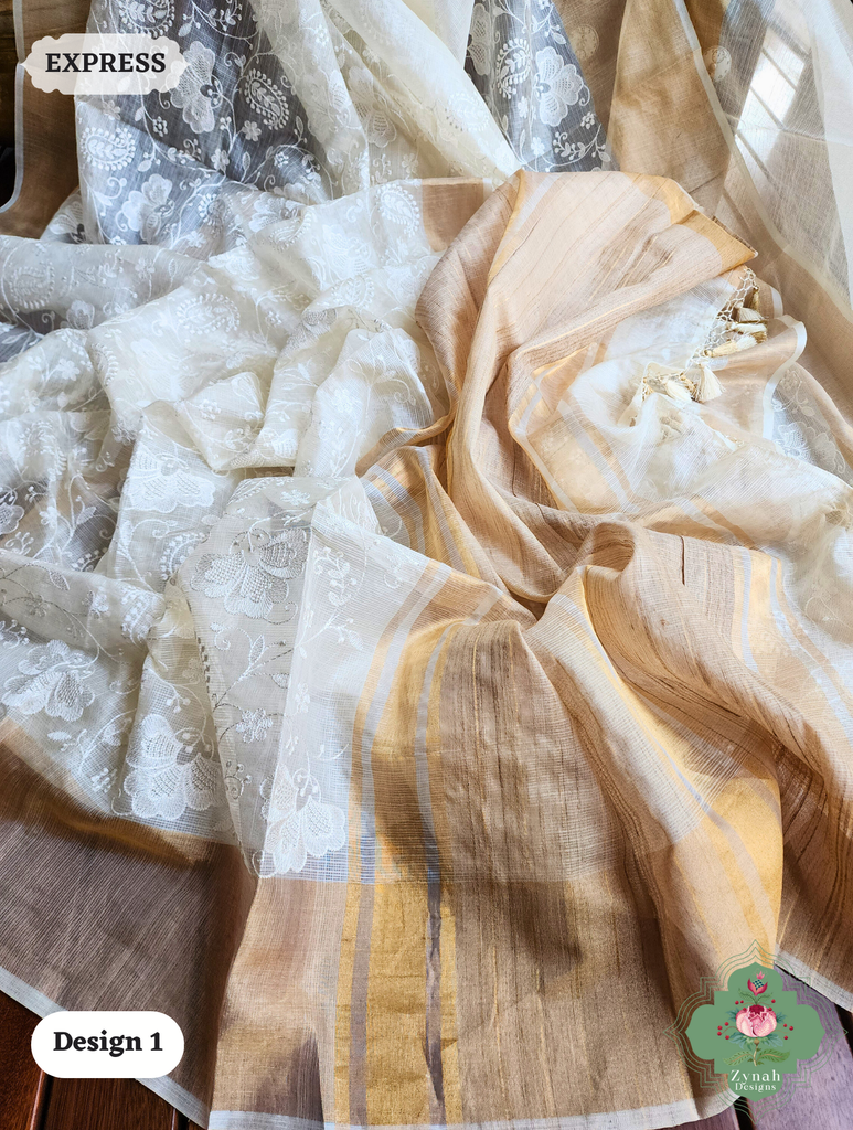 Zynah Off-White Pure Tussar Kota Silk Saree with Chikankari Inspired Embroidery, Ghiccha Pallu & Tassels; Custom Stitched/Ready-made Blouse, Fall, Petticoat; SKU2908202401