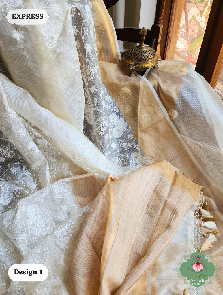 Zynah Off-White Pure Tussar Kota Silk Saree with Chikankari Inspired Embroidery, Ghiccha Pallu & Tassels; Custom Stitched/Ready-made Blouse, Fall, Petticoat; SKU2908202401