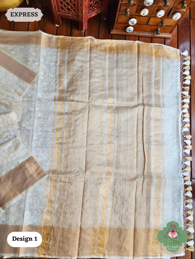 Zynah Off-White Pure Tussar Kota Silk Saree with Chikankari Inspired Embroidery, Ghiccha Pallu & Tassels; Custom Stitched/Ready-made Blouse, Fall, Petticoat; SKU2908202401