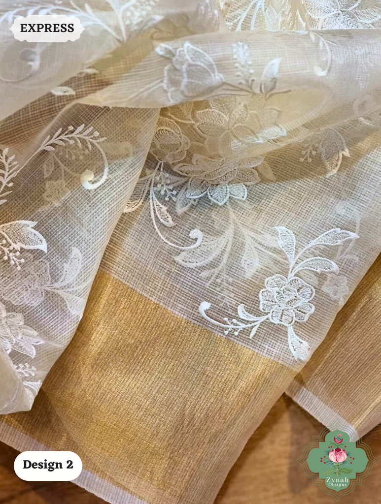 Zynah Off-White Pure Tussar Kota Silk Saree with Chikankari Inspired Embroidery, Ghiccha Pallu & Tassels; Custom Stitched/Ready-made Blouse, Fall, Petticoat; SKU2908202402