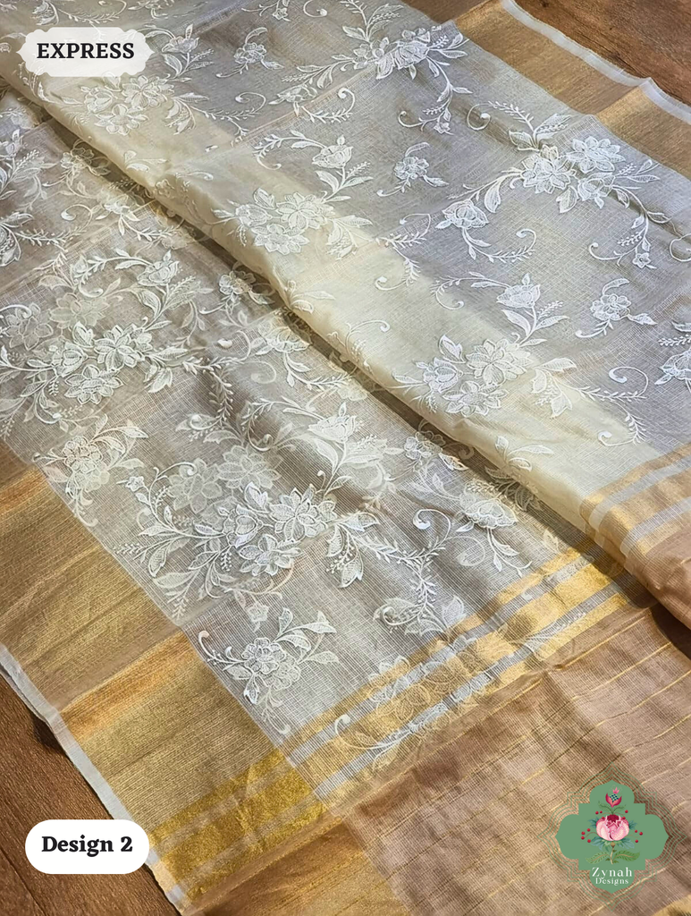 Zynah Off-White Pure Tussar Kota Silk Saree with Chikankari Inspired Embroidery, Ghiccha Pallu & Tassels; Custom Stitched/Ready-made Blouse, Fall, Petticoat; SKU2908202402