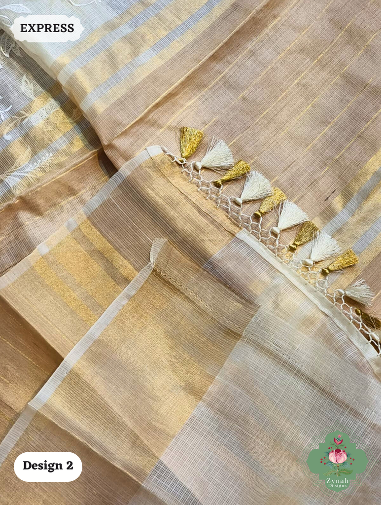 Zynah Off-White Pure Tussar Kota Silk Saree with Chikankari Inspired Embroidery, Ghiccha Pallu & Tassels; Custom Stitched/Ready-made Blouse, Fall, Petticoat; SKU2908202402