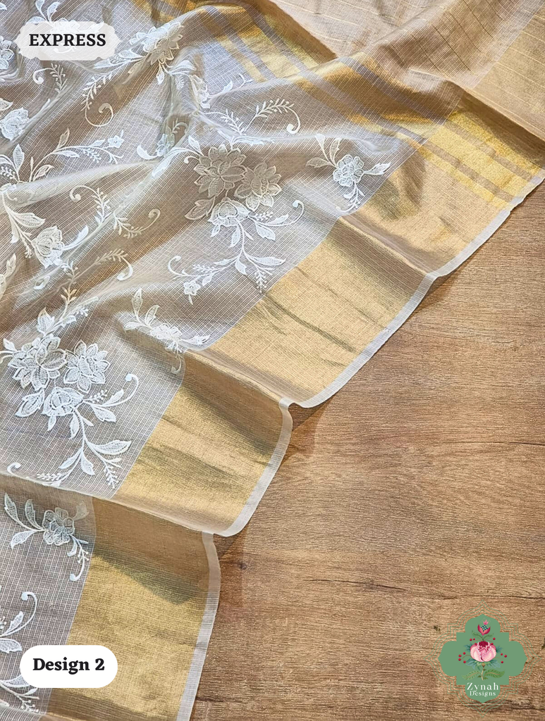Zynah Off-White Pure Tussar Kota Silk Saree with Chikankari Inspired Embroidery, Ghiccha Pallu & Tassels; Custom Stitched/Ready-made Blouse, Fall, Petticoat; SKU2908202402