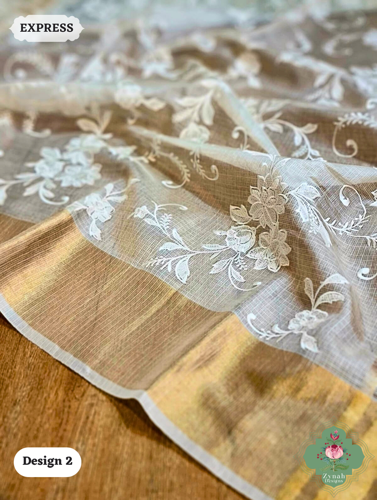 Zynah Off-White Pure Tussar Kota Silk Saree with Chikankari Inspired Embroidery, Ghiccha Pallu & Tassels; Custom Stitched/Ready-made Blouse, Fall, Petticoat; SKU2908202402