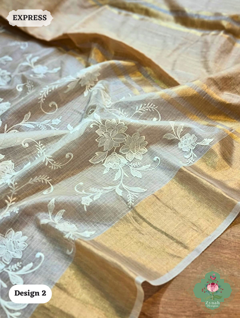 Zynah Off-White Pure Tussar Kota Silk Saree with Chikankari Inspired Embroidery, Ghiccha Pallu & Tassels; Custom Stitched/Ready-made Blouse, Fall, Petticoat; SKU2908202402
