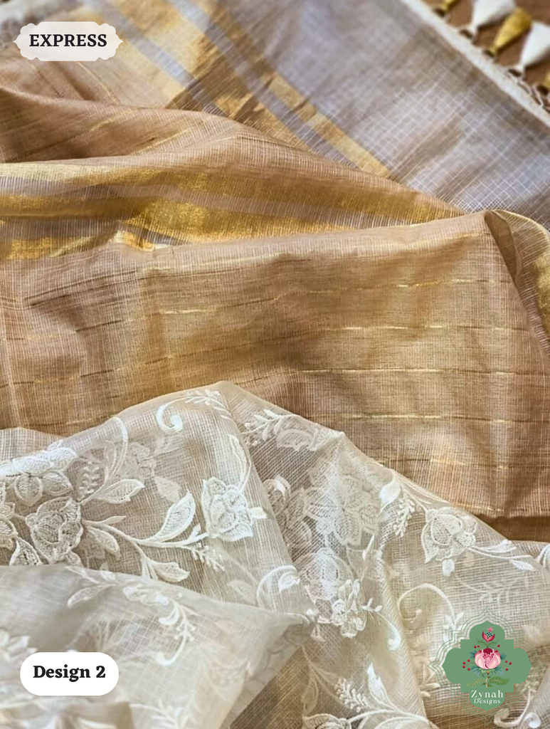 Zynah Off-White Pure Tussar Kota Silk Saree with Chikankari Inspired Embroidery, Ghiccha Pallu & Tassels; Custom Stitched/Ready-made Blouse, Fall, Petticoat; SKU2908202402