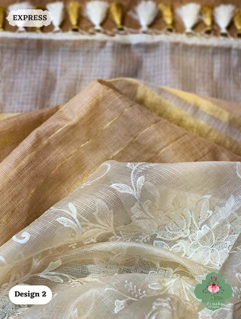 Zynah Off-White Pure Tussar Kota Silk Saree with Chikankari Inspired Embroidery, Ghiccha Pallu & Tassels; Custom Stitched/Ready-made Blouse, Fall, Petticoat; SKU2908202402