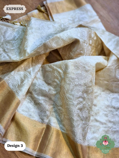 Zynah Off-White Pure Tussar Kota Silk Saree with Chikankari Inspired Embroidery, Ghiccha Pallu & Tassels; Custom Stitched/Ready-made Blouse, Fall, Petticoat; SKU2908202403 Zynah Off-White Pure Tussar Kota Silk Saree with Chikankari Inspired Embroidery, Ghiccha Pallu & Tassels; Custom Stitched/Ready-made Blouse, Fall, Petticoat; SKU2908202403