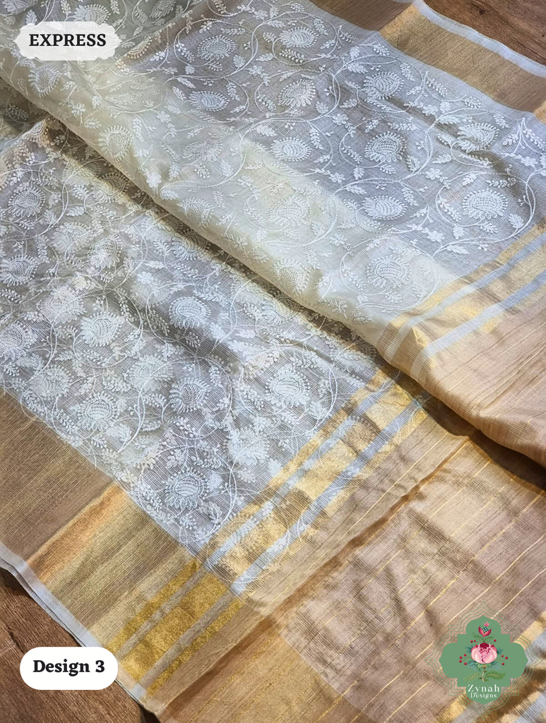 Zynah Off-White Pure Tussar Kota Silk Saree with Chikankari Inspired Embroidery, Ghiccha Pallu & Tassels; Custom Stitched/Ready-made Blouse, Fall, Petticoat; SKU2908202403