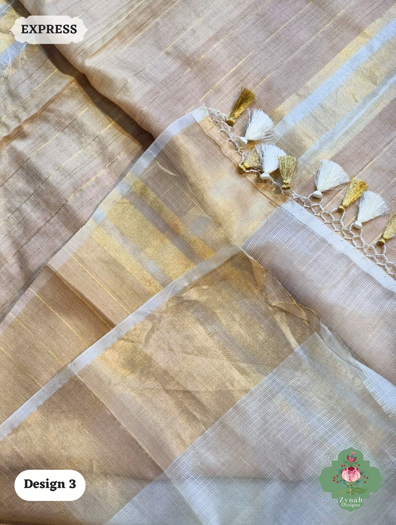 Zynah Off-White Pure Tussar Kota Silk Saree with Chikankari Inspired Embroidery, Ghiccha Pallu & Tassels; Custom Stitched/Ready-made Blouse, Fall, Petticoat; SKU2908202403