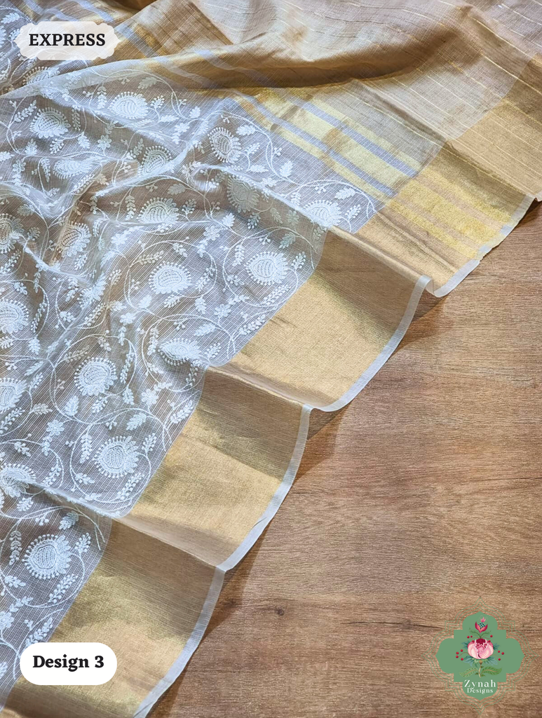 Zynah Off-White Pure Tussar Kota Silk Saree with Chikankari Inspired Embroidery, Ghiccha Pallu & Tassels; Custom Stitched/Ready-made Blouse, Fall, Petticoat; SKU2908202403