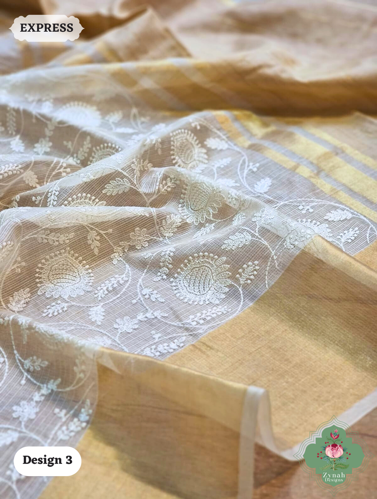 Zynah Off-White Pure Tussar Kota Silk Saree with Chikankari Inspired Embroidery, Ghiccha Pallu & Tassels; Custom Stitched/Ready-made Blouse, Fall, Petticoat; SKU2908202403