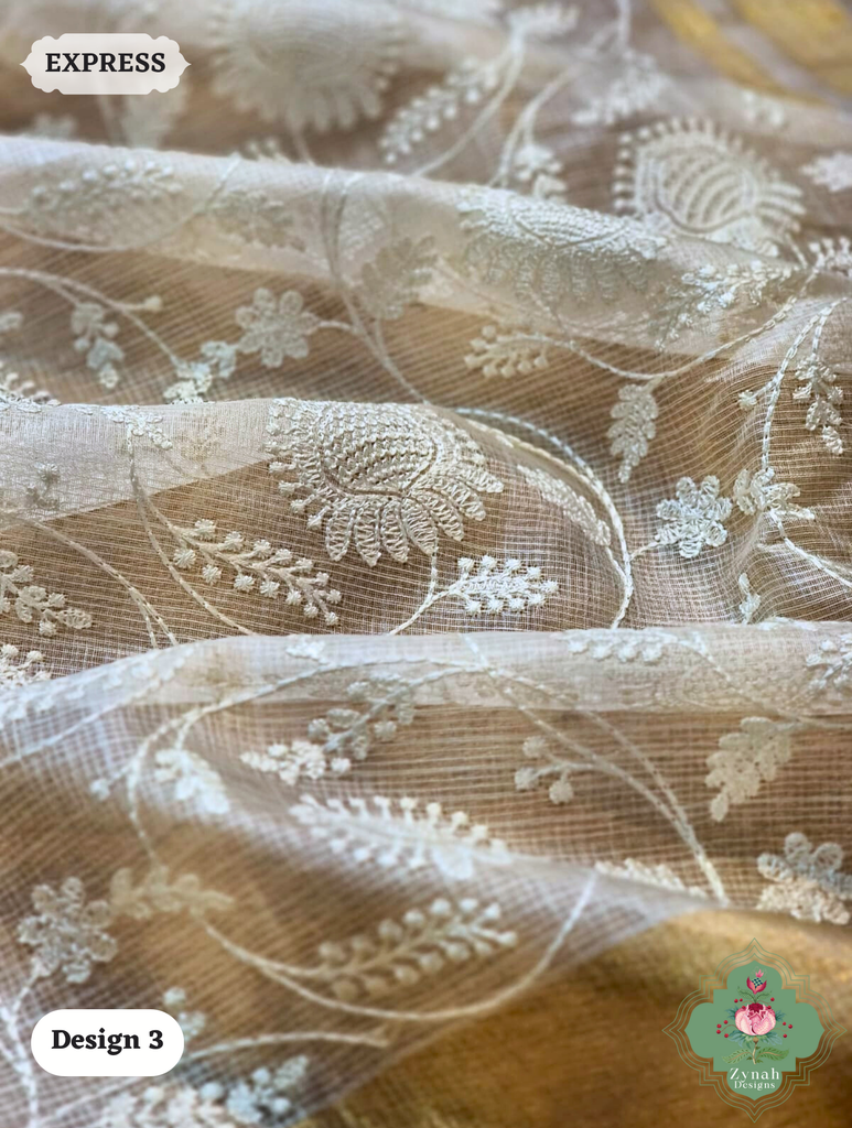Zynah Off-White Pure Tussar Kota Silk Saree with Chikankari Inspired Embroidery, Ghiccha Pallu & Tassels; Custom Stitched/Ready-made Blouse, Fall, Petticoat; SKU2908202403