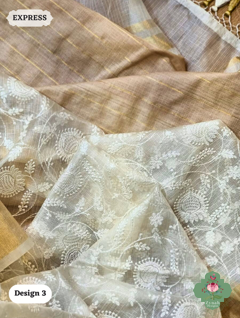 Zynah Off-White Pure Tussar Kota Silk Saree with Chikankari Inspired Embroidery, Ghiccha Pallu & Tassels; Custom Stitched/Ready-made Blouse, Fall, Petticoat; SKU2908202403